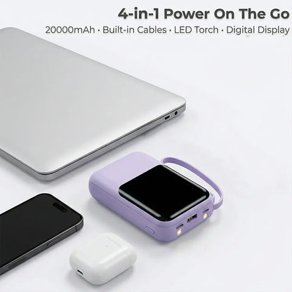 20000Mah Portable Power Bank with Built-In 4 Retractable Cables, LED Digital Display, Dual USB Output, LED Flashlight, Lanyard, Micro Plug for Iphone, Android Smartphones & Electronics Gadgets
