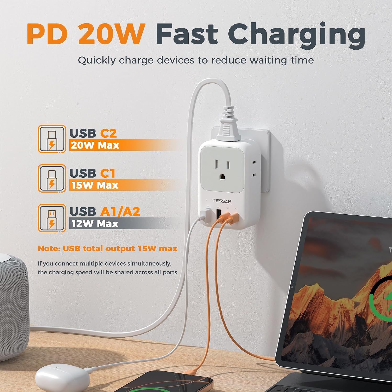 USB C Charger Block 20W PD, Fast Charging Adapter with Foldable Plug | 1875W Power Outlet Extender(4 AC and 4 USB) for Cruise, Home, Office, Dorm Room Essentials, Grey