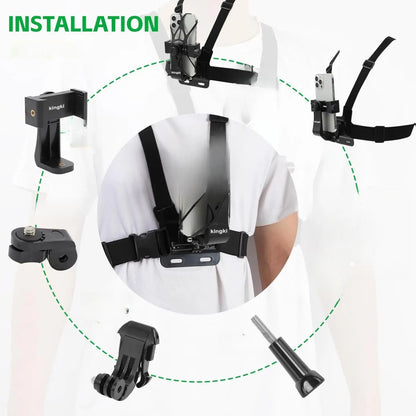 KINGKI Plastic Mobile Camera Attachment & Adjustable Phone Holders & Mounts Kit - Easy-Detach Chest Harness, Head Strap Holder, POV/VLOG Clip for Iphone, Samsung, Gopro Hero 12-8, AKASO, DJI Osmo (For POV/VLOG Enthusiasts)