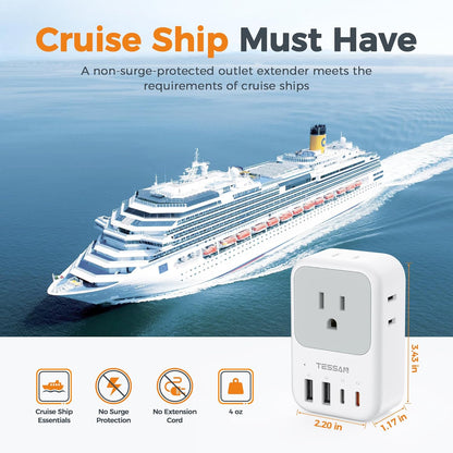 USB C Charger Block 20W PD, Fast Charging Adapter with Foldable Plug | 1875W Power Outlet Extender(4 AC and 4 USB) for Cruise, Home, Office, Dorm Room Essentials, Grey