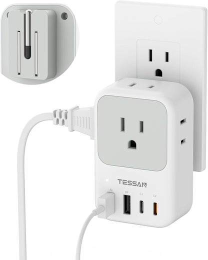USB C Charger Block 20W PD, Fast Charging Adapter with Foldable Plug | 1875W Power Outlet Extender(4 AC and 4 USB) for Cruise, Home, Office, Dorm Room Essentials, Grey