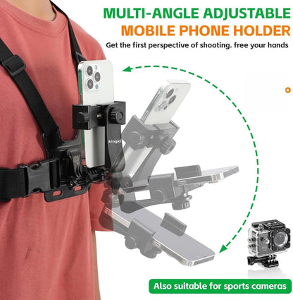 KINGKI Plastic Mobile Camera Attachment & Adjustable Phone Holders & Mounts Kit - Easy-Detach Chest Harness, Head Strap Holder, POV/VLOG Clip for Iphone, Samsung, Gopro Hero 12-8, AKASO, DJI Osmo (For POV/VLOG Enthusiasts)
