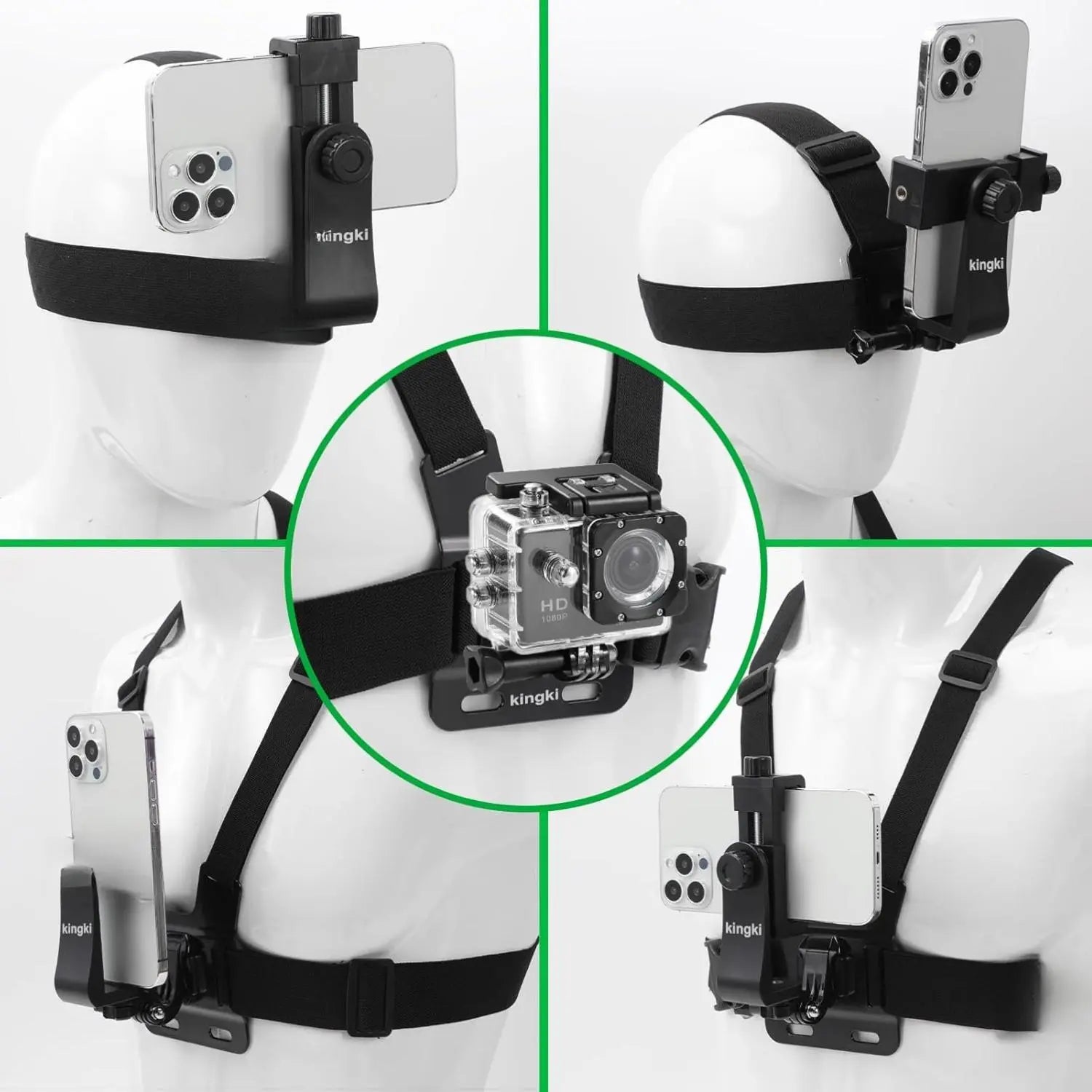 KINGKI Plastic Mobile Camera Attachment & Adjustable Phone Holders & Mounts Kit - Easy-Detach Chest Harness, Head Strap Holder, POV/VLOG Clip for Iphone, Samsung, Gopro Hero 12-8, AKASO, DJI Osmo (For POV/VLOG Enthusiasts)