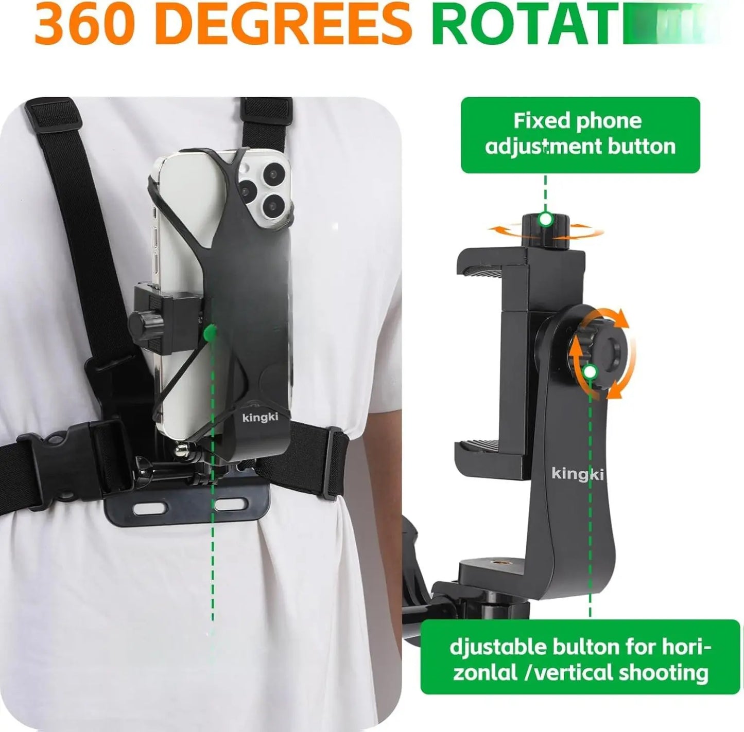 KINGKI Plastic Mobile Camera Attachment & Adjustable Phone Holders & Mounts Kit - Easy-Detach Chest Harness, Head Strap Holder, POV/VLOG Clip for Iphone, Samsung, Gopro Hero 12-8, AKASO, DJI Osmo (For POV/VLOG Enthusiasts)