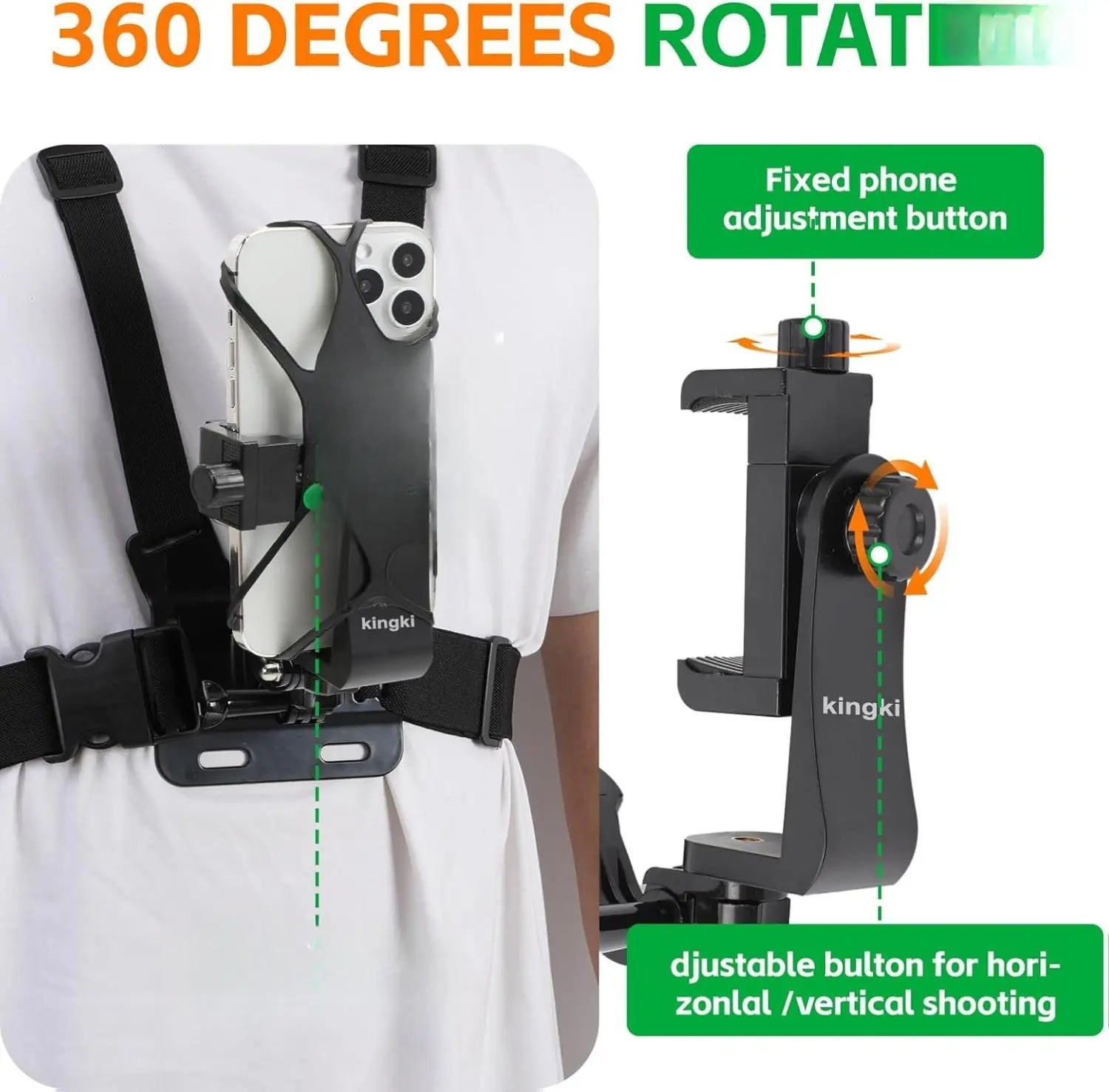 KINGKI Plastic Mobile Camera Attachment & Adjustable Phone Holders & Mounts Kit - Easy-Detach Chest Harness, Head Strap Holder, POV/VLOG Clip for Iphone, Samsung, Gopro Hero 12-8, AKASO, DJI Osmo (For POV/VLOG Enthusiasts)