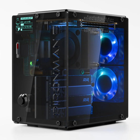 Pironman 5-MAX PC Tower Case for Raspberry Pi 5 (Pi Not Included), Dual Nvme SSD Support, RAID 0/1 Compatibility, OLED Display, Dual RGB Fans, Tower Computer Cooler