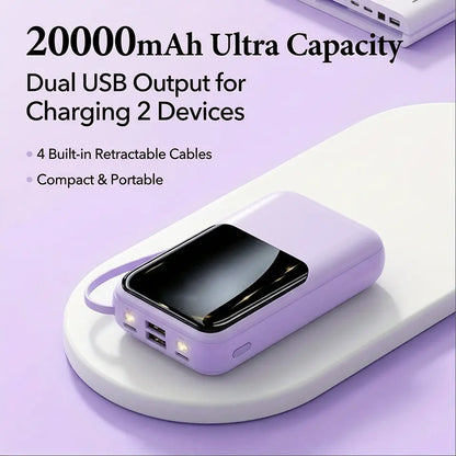 20000Mah Portable Power Bank with Built-In 4 Retractable Cables, LED Digital Display, Dual USB Output, LED Flashlight, Lanyard, Micro Plug for Iphone, Android Smartphones & Electronics Gadgets