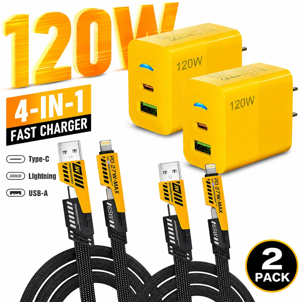 2-Pack Multiple Ports USB C/USB a Fast Charger Adapter with 4-In-1 USB C Cable 5FT Fast Charging Cord, Compatible with Iphone17/16/15/14/13/12/Pro Max Ipad Samsung Tiktokshopbacktoschool