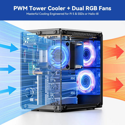 Pironman 5-MAX PC Tower Case for Raspberry Pi 5 (Pi Not Included), Dual Nvme SSD Support, RAID 0/1 Compatibility, OLED Display, Dual RGB Fans, Tower Computer Cooler