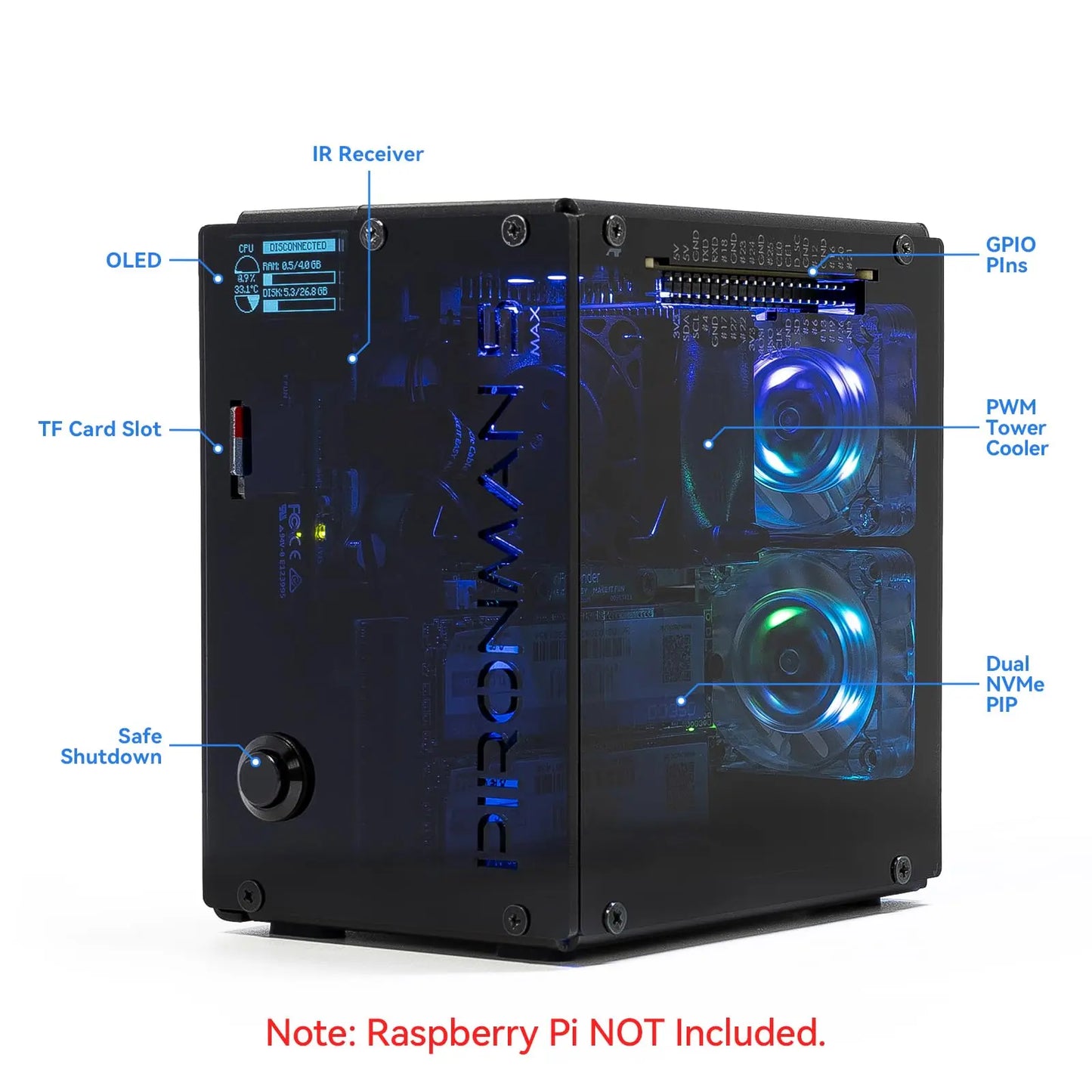Pironman 5-MAX PC Tower Case for Raspberry Pi 5 (Pi Not Included), Dual Nvme SSD Support, RAID 0/1 Compatibility, OLED Display, Dual RGB Fans, Tower Computer Cooler