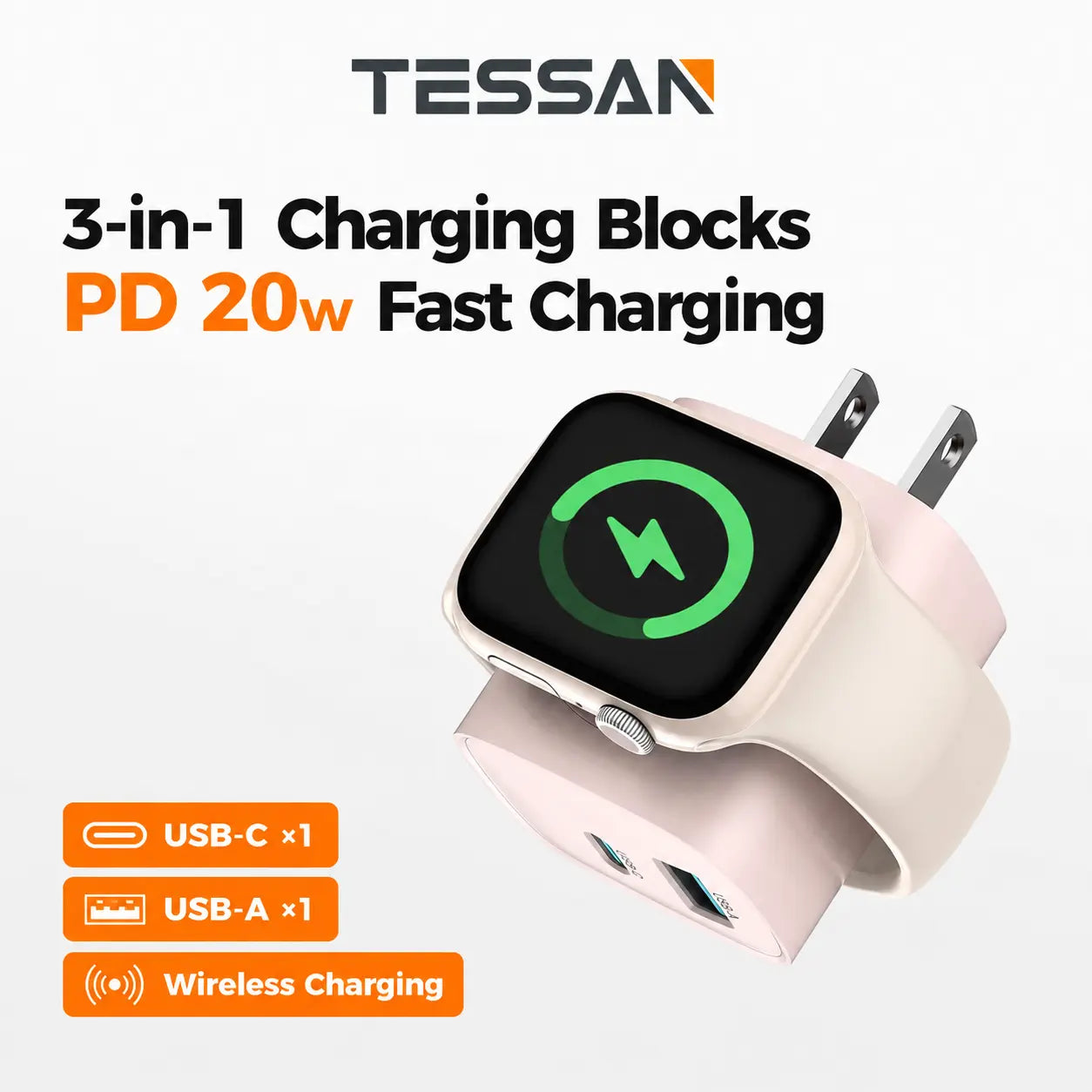 【Fast Charger】 Tessan 3-In-1 PD20W USB C Charger Block with Built-In Wireless Watch Charging, Dual Ports Wall Charger Compatible with Iwatch Ultra/9/8/7/6, Iphone 17/17 Pro/16/16 Pro/15 Series, Electronic Cellphone, Apple Watch Seires