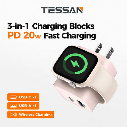 【Fast Charger】 Tessan 3-In-1 PD20W USB C Charger Block with Built-In Wireless Watch Charging, Dual Ports Wall Charger Compatible with Iwatch Ultra/9/8/7/6, Iphone 17/17 Pro/16/16 Pro/15 Series, Electronic Cellphone, Apple Watch Seires