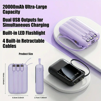 20000Mah Portable Power Bank with Built-In 4 Retractable Cables, LED Digital Display, Dual USB Output, LED Flashlight, Lanyard, Micro Plug for Iphone, Android Smartphones & Electronics Gadgets
