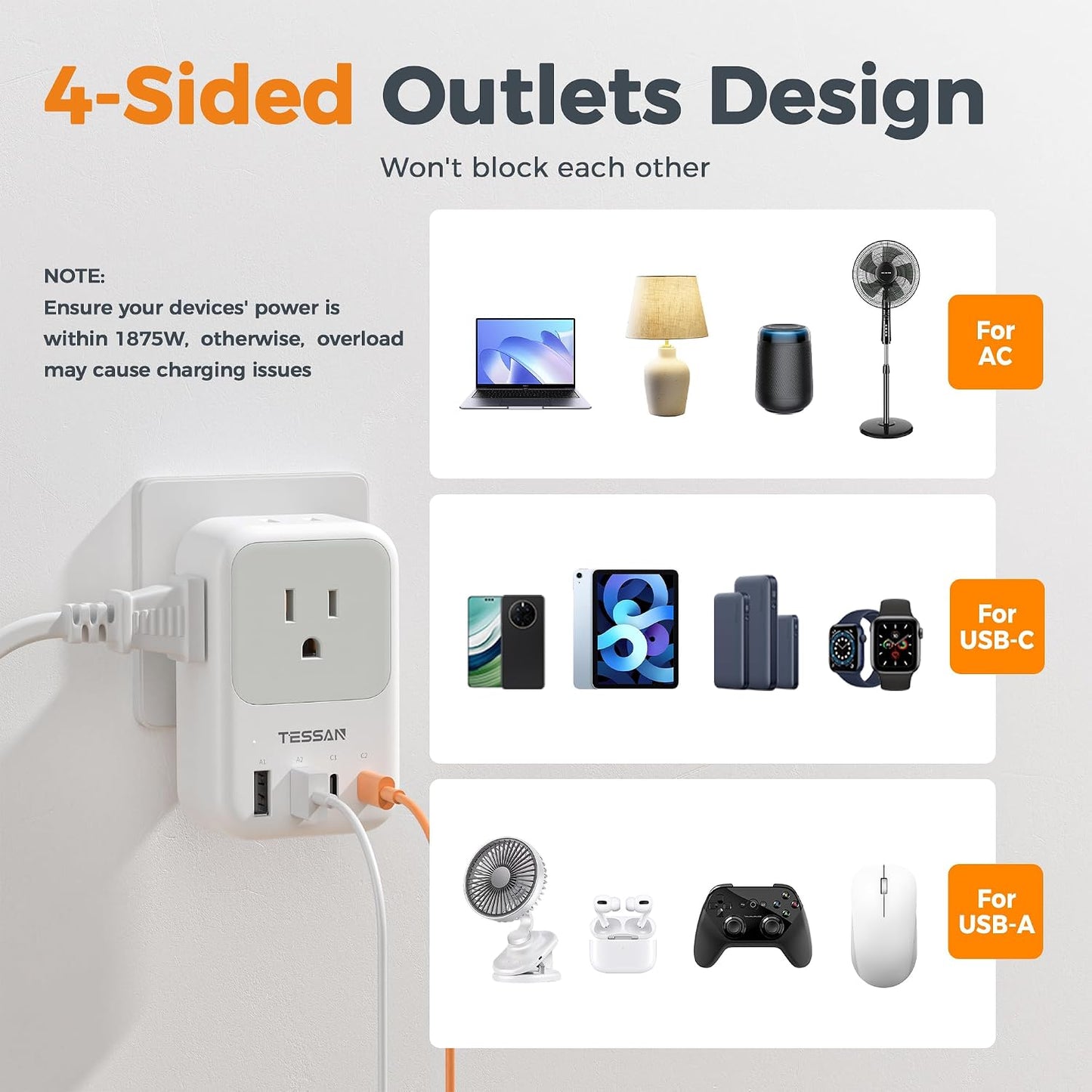 USB C Charger Block 20W PD, Fast Charging Adapter with Foldable Plug | 1875W Power Outlet Extender(4 AC and 4 USB) for Cruise, Home, Office, Dorm Room Essentials, Grey