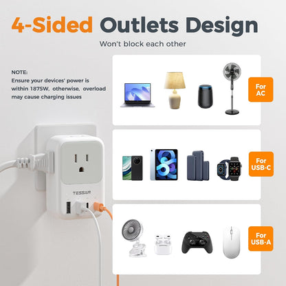 USB C Charger Block 20W PD, Fast Charging Adapter with Foldable Plug | 1875W Power Outlet Extender(4 AC and 4 USB) for Cruise, Home, Office, Dorm Room Essentials, Grey