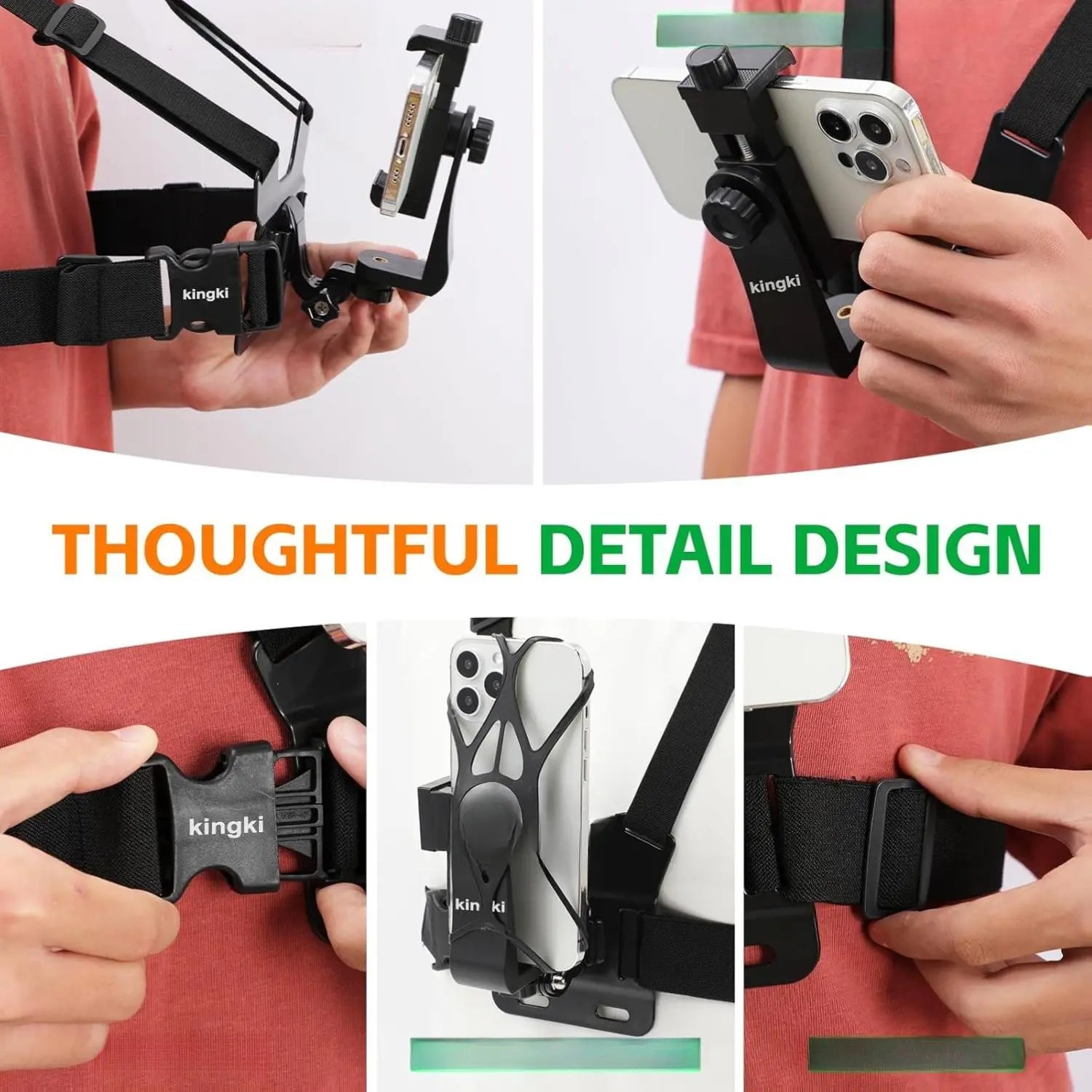 KINGKI Plastic Mobile Camera Attachment & Adjustable Phone Holders & Mounts Kit - Easy-Detach Chest Harness, Head Strap Holder, POV/VLOG Clip for Iphone, Samsung, Gopro Hero 12-8, AKASO, DJI Osmo (For POV/VLOG Enthusiasts)